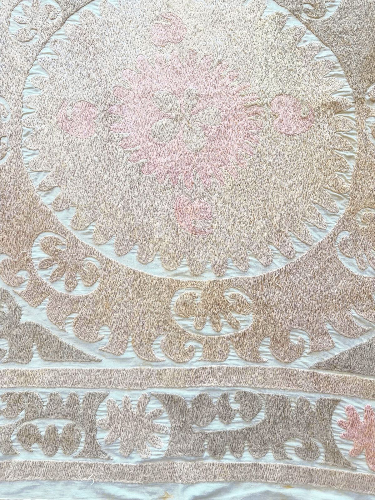 229.0 Suzani Wall Hanging Decor   Neutral Tan Uzbek Tablecloth, 123 X 132 Cm photo