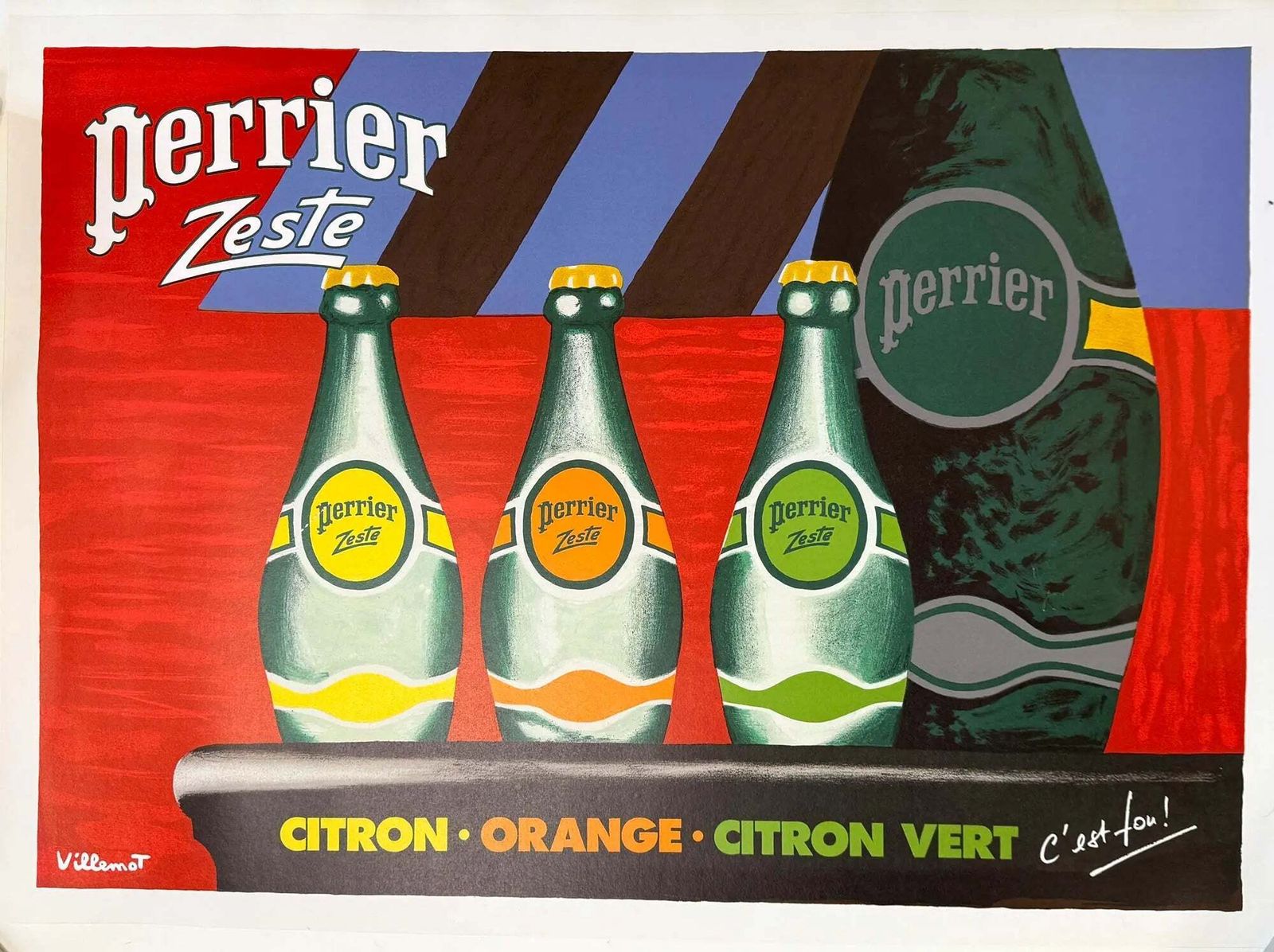 Original Perrier Zeste Vintage 1987 Poster Bernard Villemot Linen Backed Lithograph photo Art