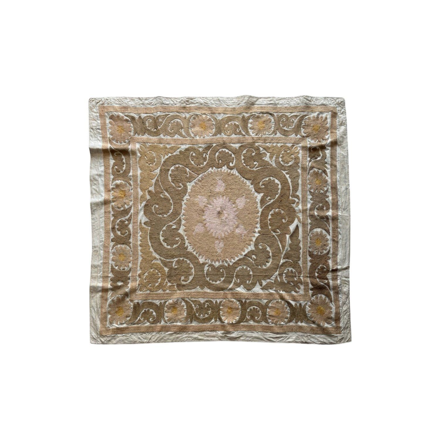 Neutral Tan Uzbekistan Suzani Embroidered Wall Hanging 123 X 144 Cm