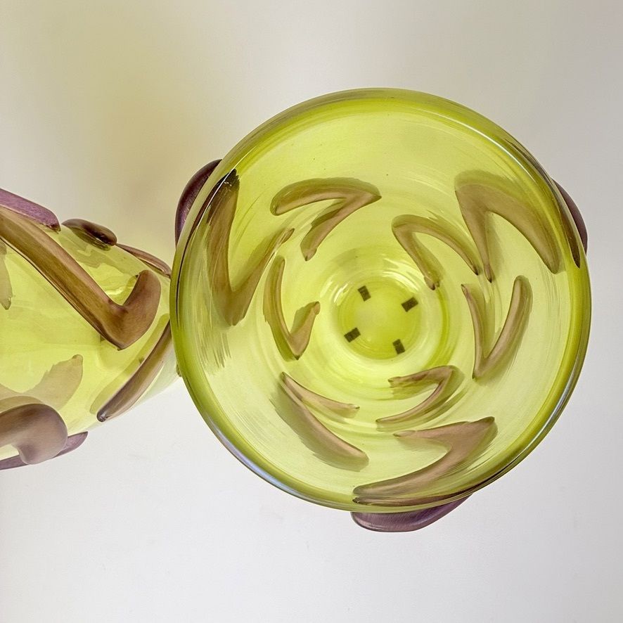 Late 20th Century Pair Of Lemon Yellow W/ Purple Applications Murano Glass Vases photo vinterior
