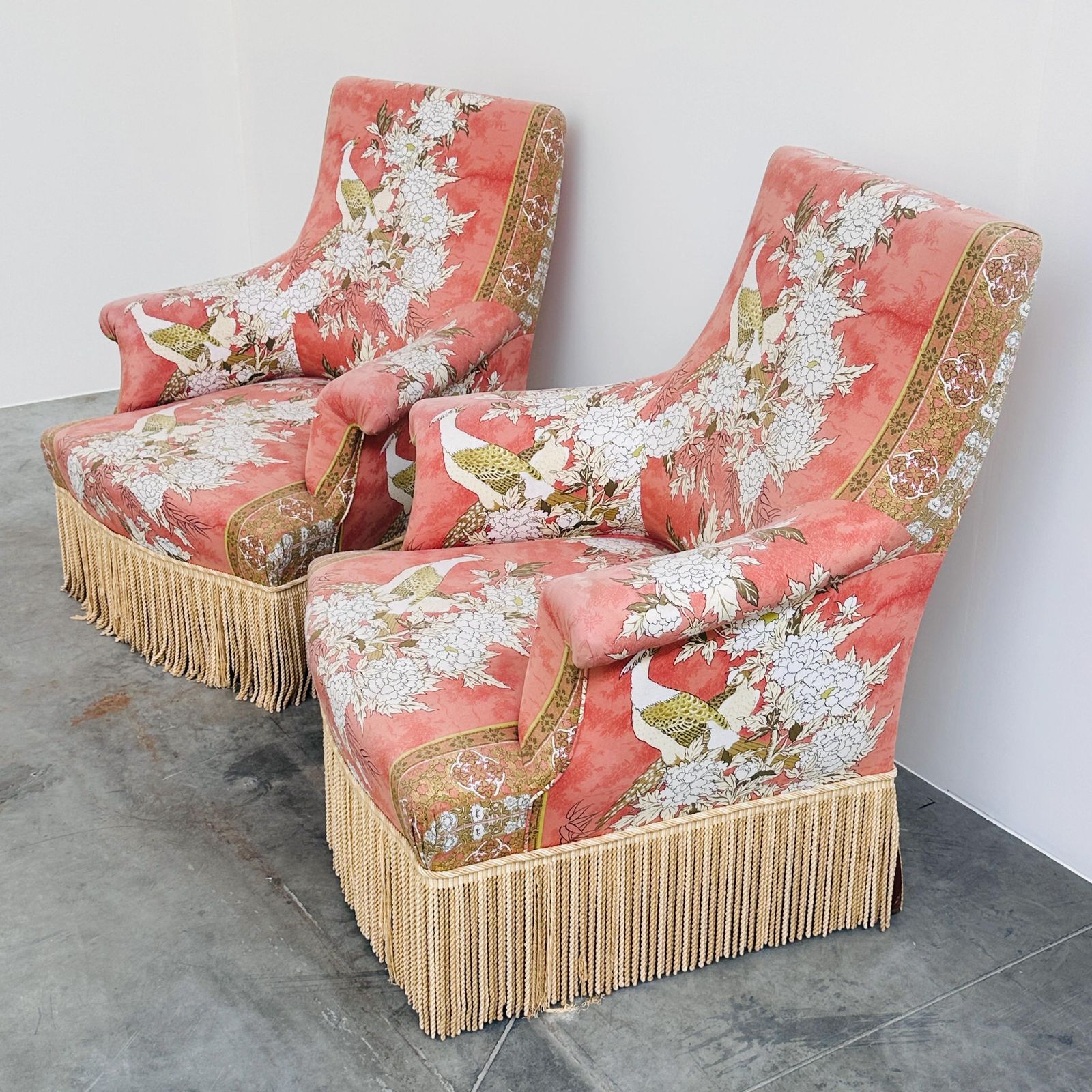 Exquisite Pair Of Upholstered Slipper Lounge Chairs Depicting Pheasants And Peonies , 1970s photo vinterior