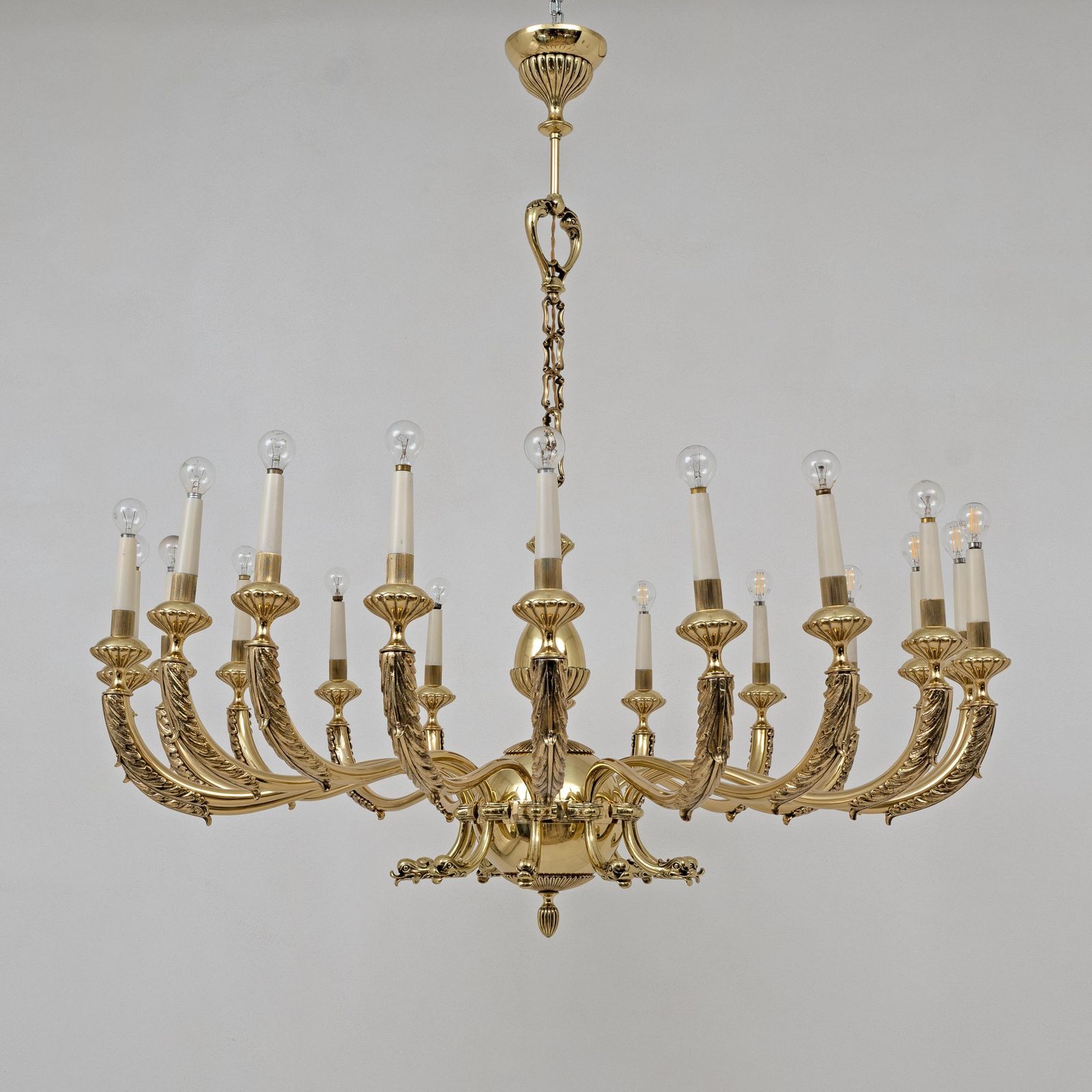 Italian Neoclassical Style 20 Light Brass Chandelier, 1950s photo Lighting