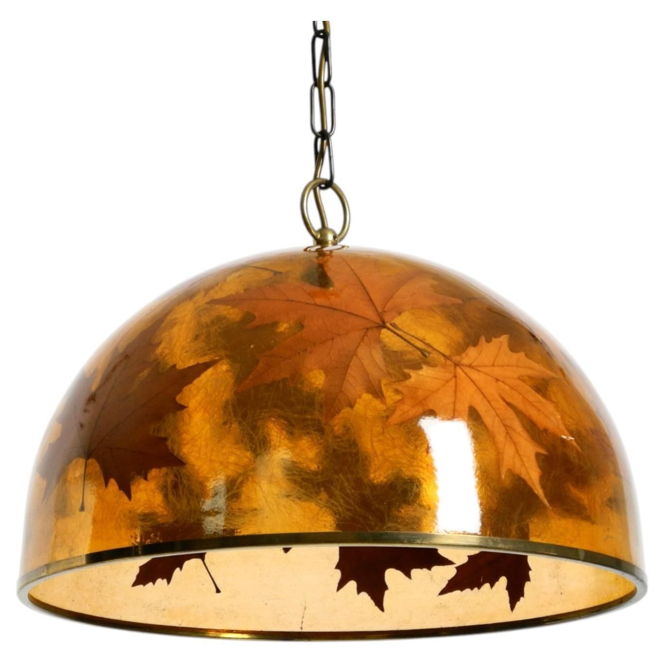 Rare, Large 1970s Italian Resin Pendant Lamp With Embedded Maple Leaves