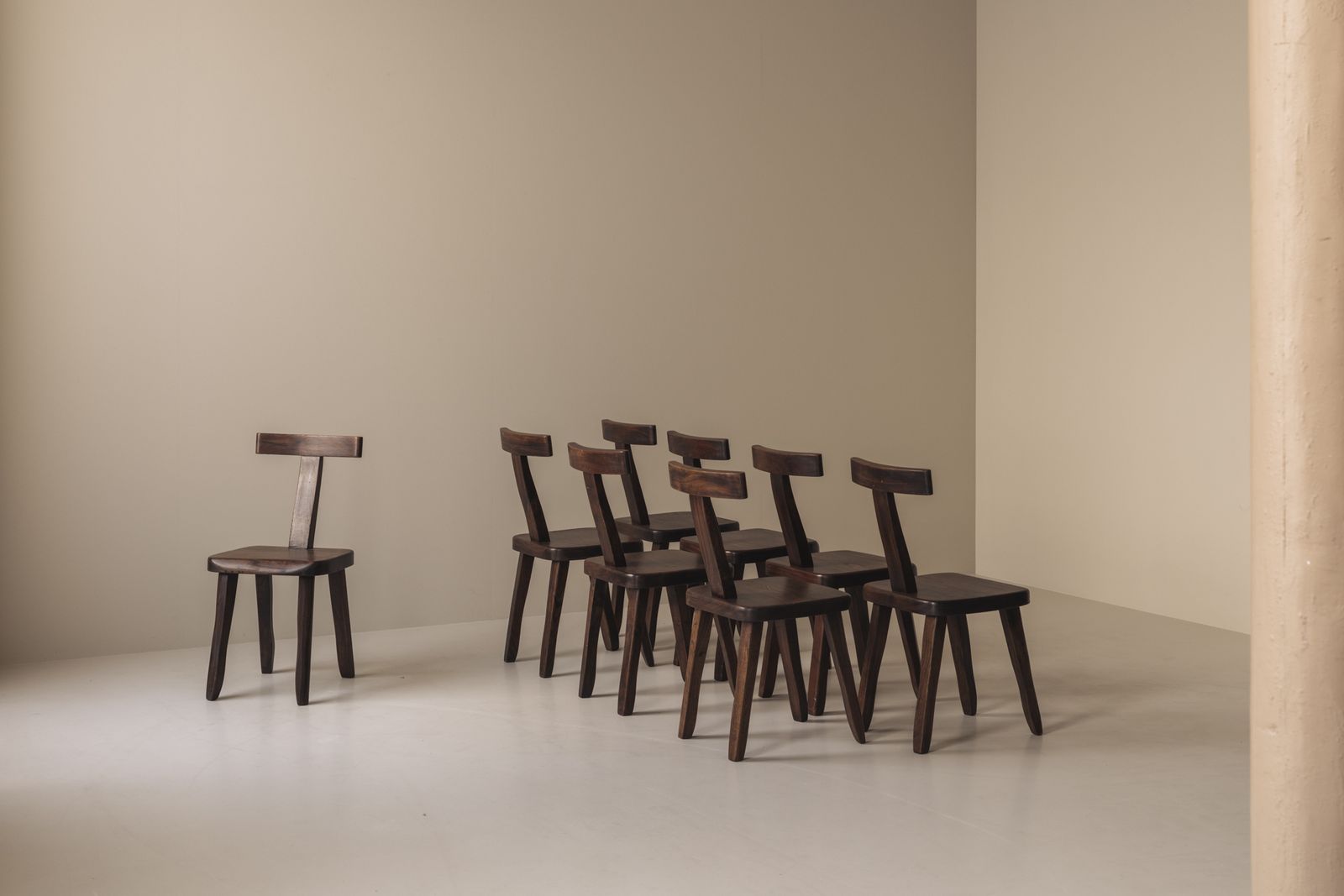Large Set Of 8 Brutalist Wooden T Chairs By Aranjou, France 1960s. photo furniture