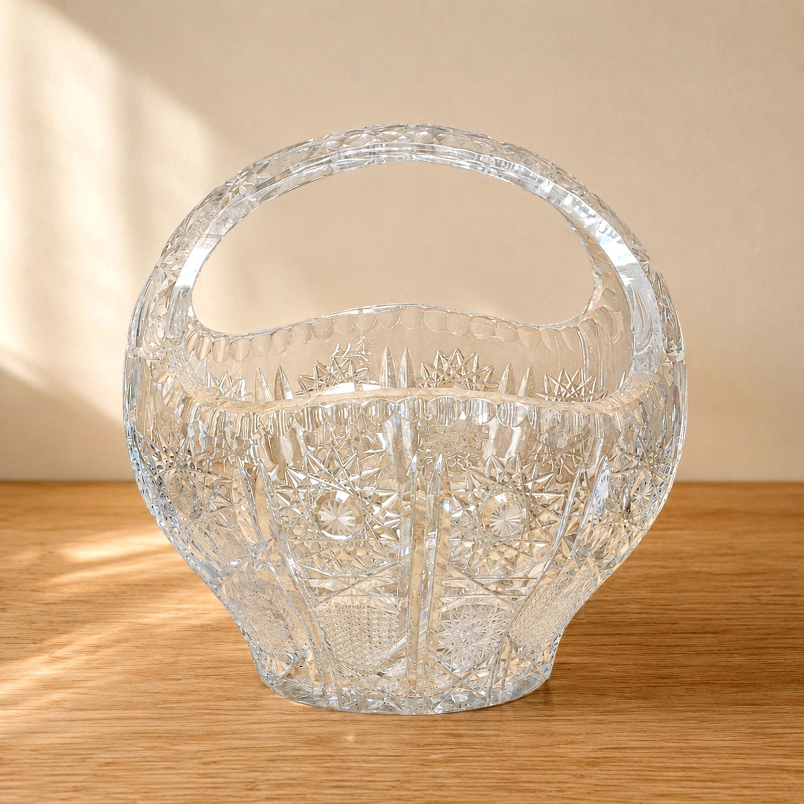 Large Heavy Vintage Cut Glass Crystal Basket