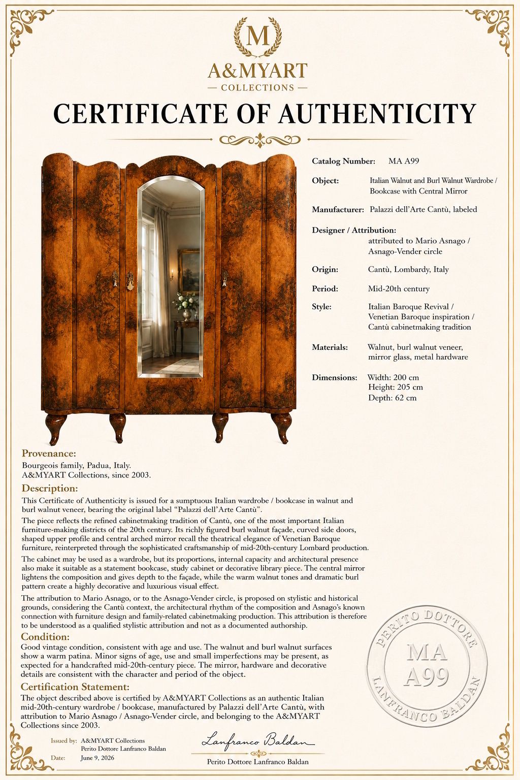 photo furniture Italiaanse Barok Revival Kledingkast/Boekenkast in Walnoot en Wortelnoot door Palazzi Dell'arte Cantù, Mogelijk Toegeschreven aan Mario Asnago
