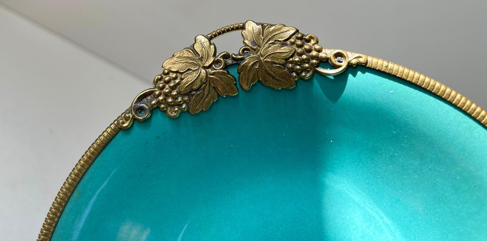 Christian Jensen Ceramic Art Deco Dish In Turquoise Green Glaze & Bronze 1930s photo for sale