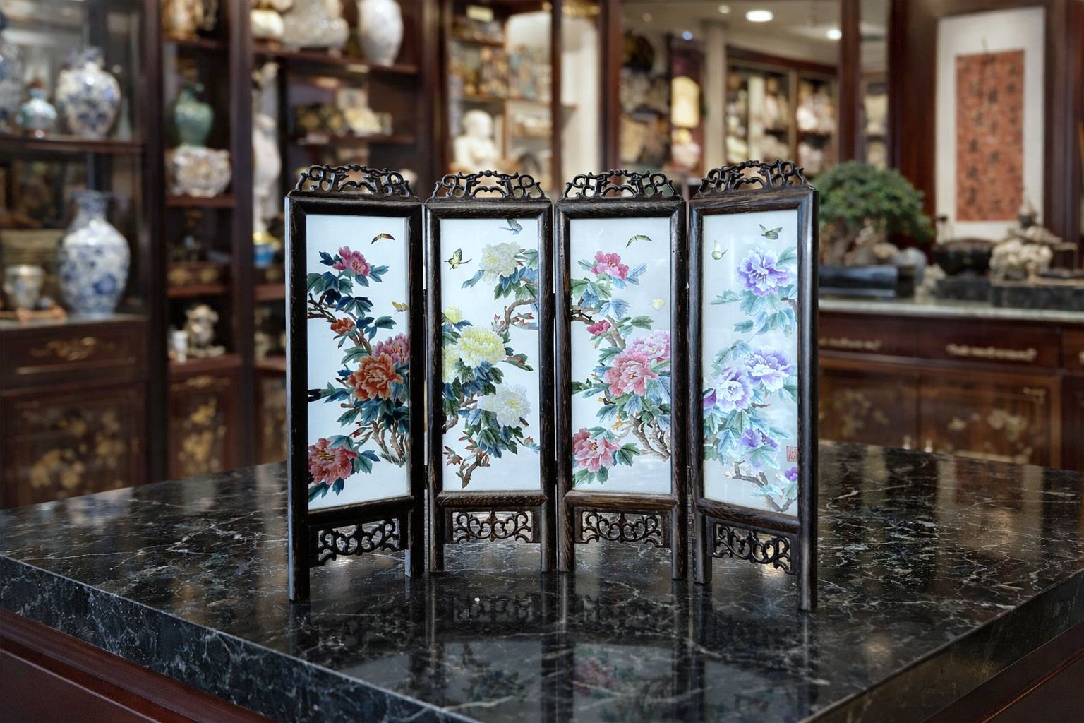 Klein dubbelzijdig tafelscherm   Suzhou-zijdeborduurwerk   Mid Century photo furniture