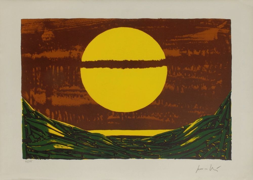 Lithographie signée Cesare Peverelli, Champ de cannes, jaune, 1975