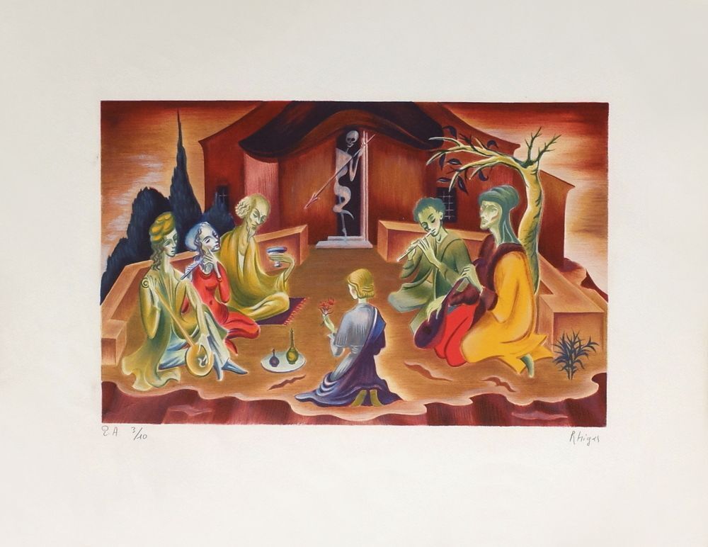 Lithographie signée de Georges Rhigas, La Partie De Musique, 1970