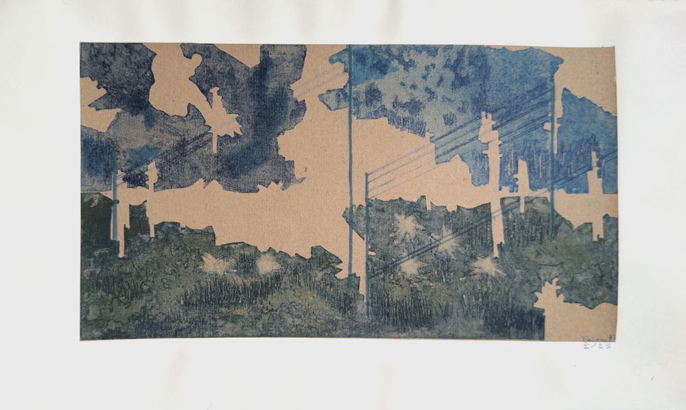 Eau-forte signée Monique Pehem (Breton Prouté), Paysage aux fils électriques, 1997