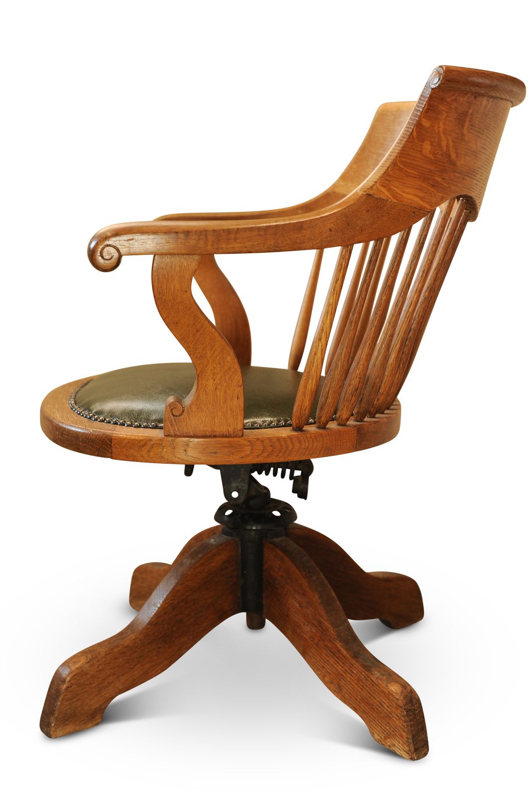 Victorian Oak Revolving Spindleback Desk Chair With Racing Green Leather Seat photo furniture