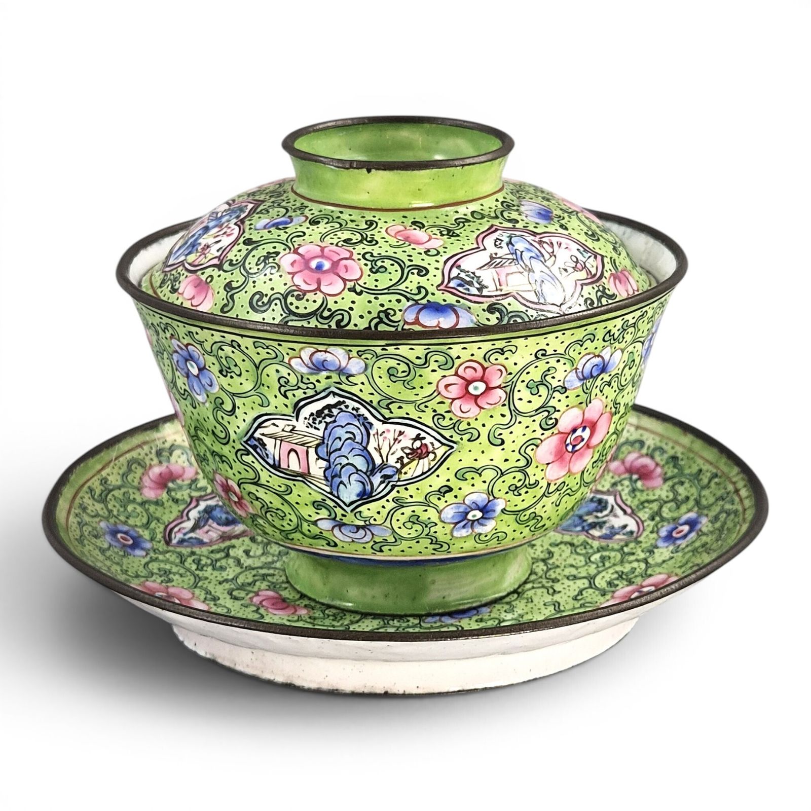 Chinese Qing Dynasty Canton Enamel Gaiwan Set, C. 1850–1860