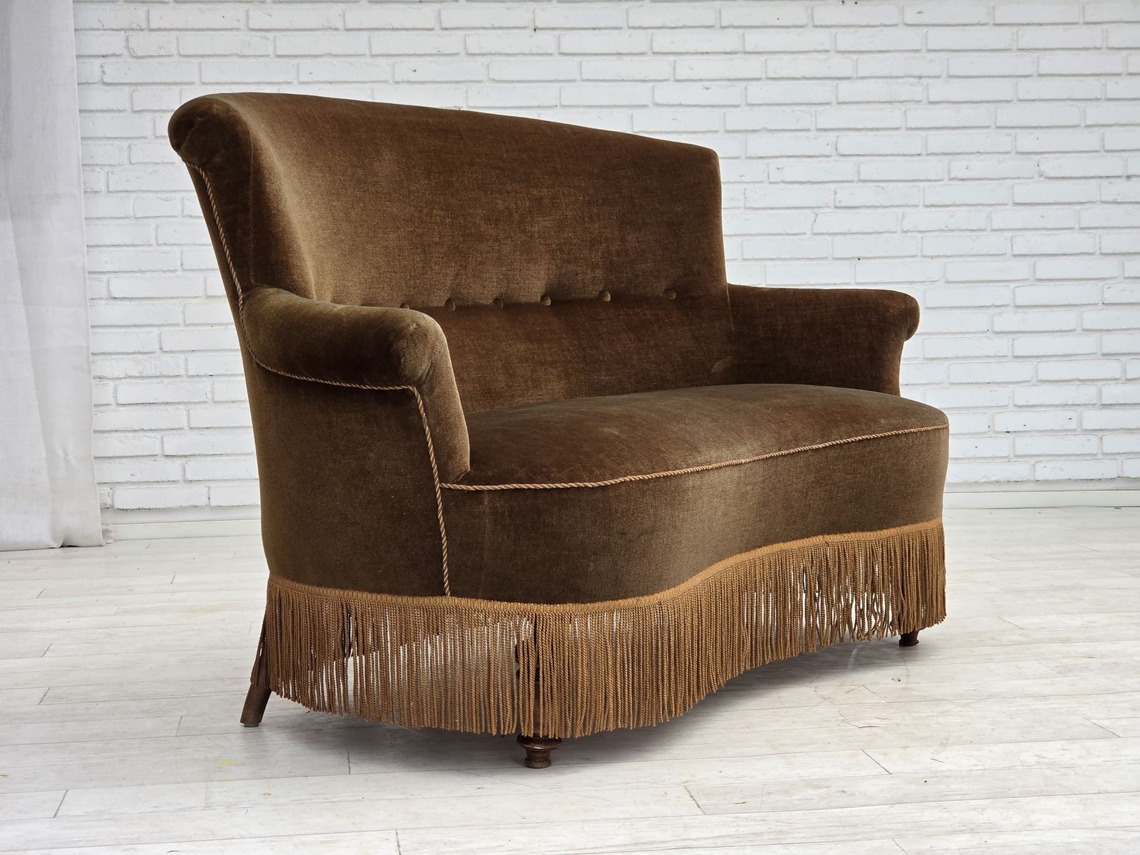 1960s, Danish 2 Seater Sofa, Original Green Furniture Velour. photo vintage
