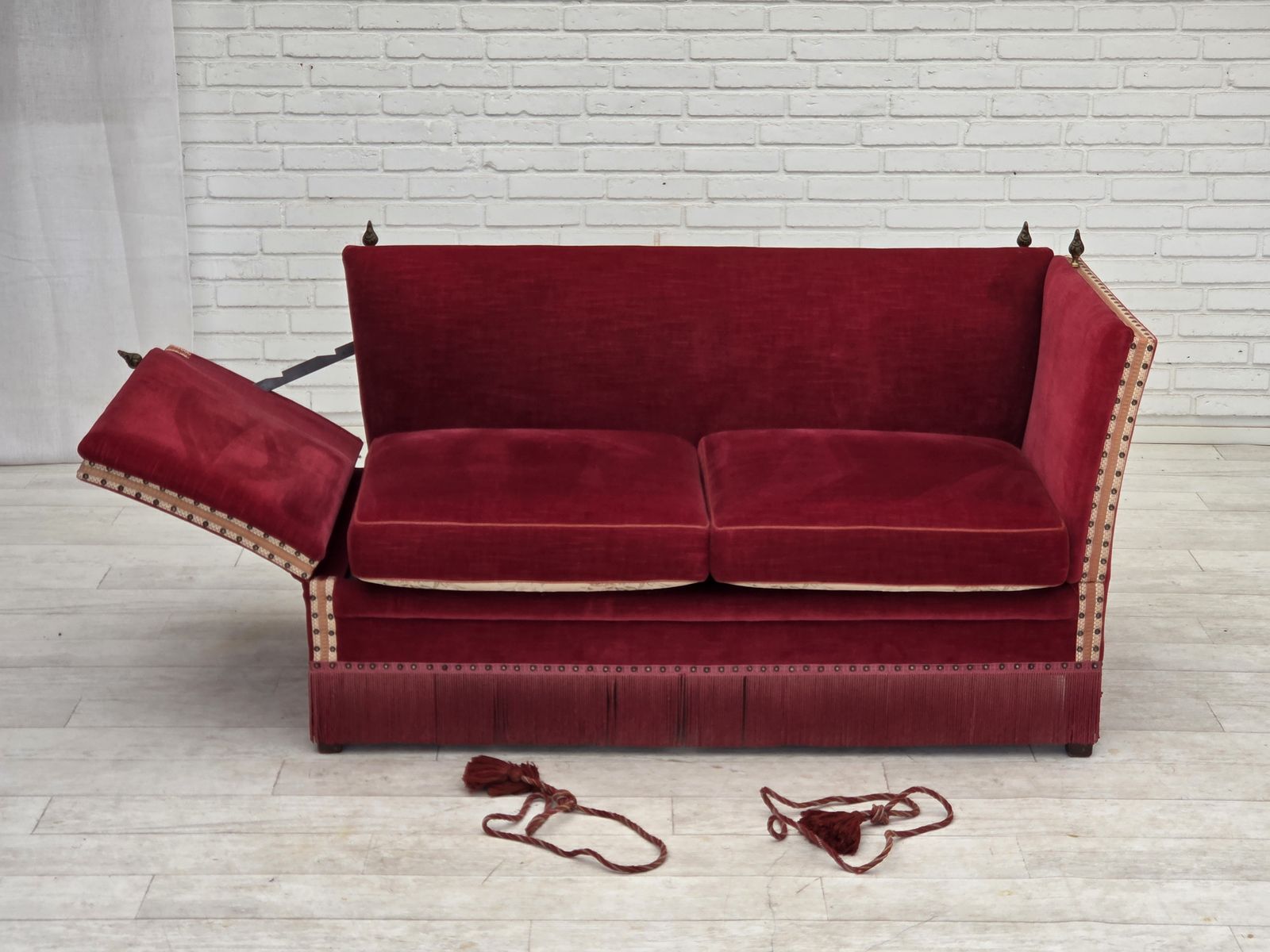photo furniture 1970s, Danish 2 Seater Drop Arm Sofa, Furniture Velour.