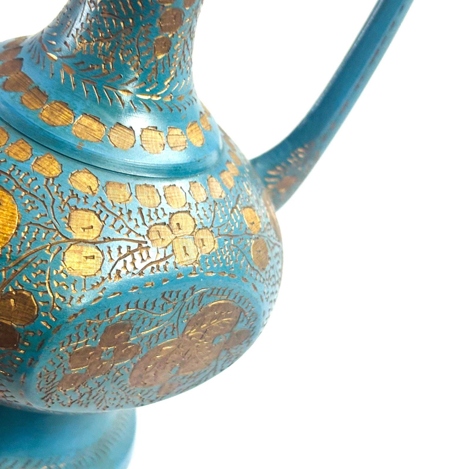 photo buy 1960s Vintage Indian Enamelled Brass Aftaba Ewer – Teal & Gold Accent Pitcher