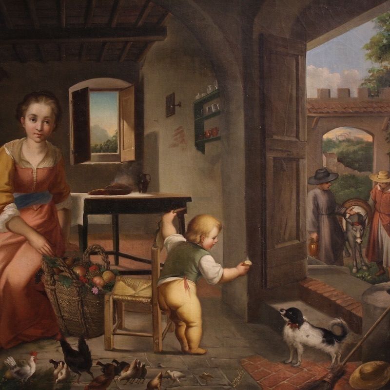 7100.0 Peinture italienne, scène d'intérieur, XIXe siècle photo