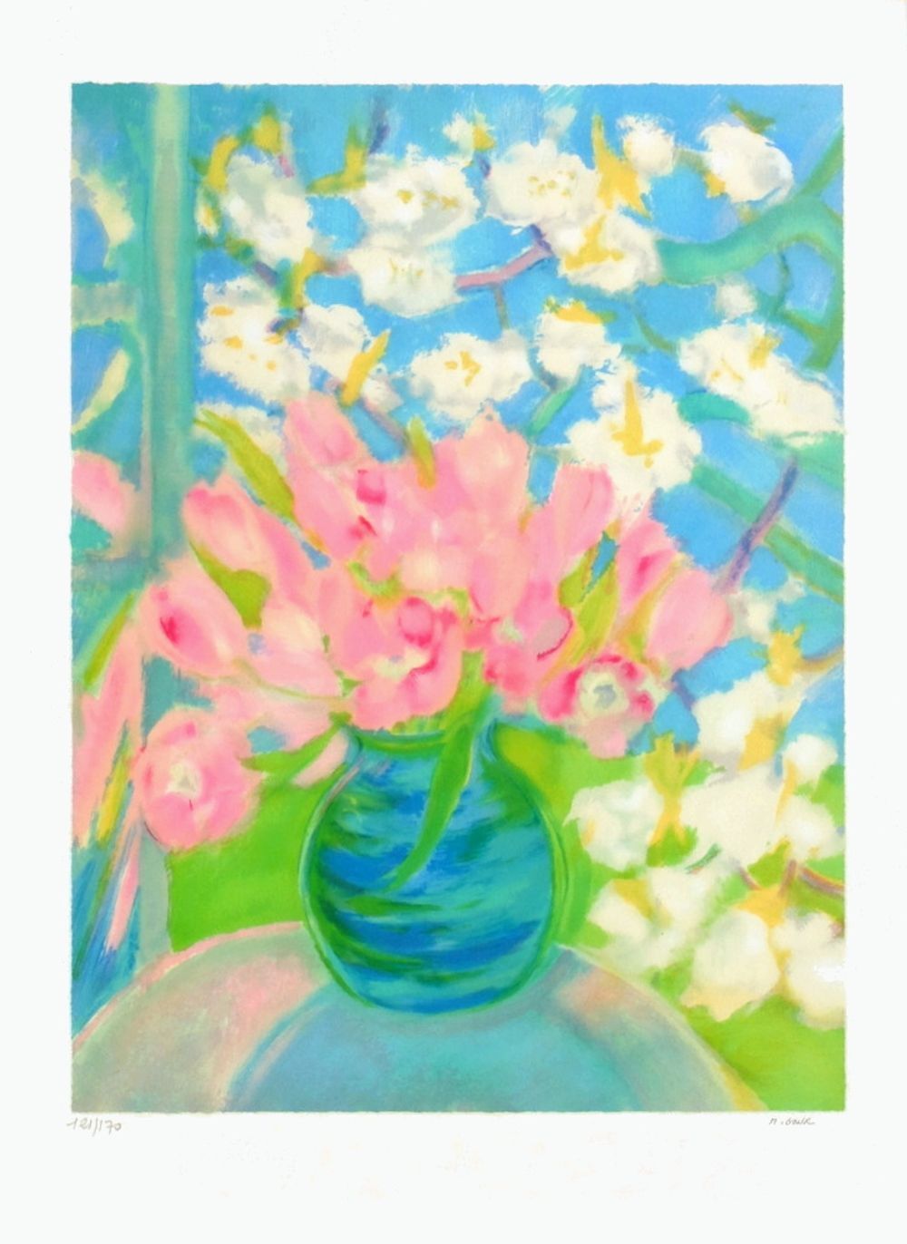 Lithographie signée Michèle Gour, Bouquet de roses I, 1990