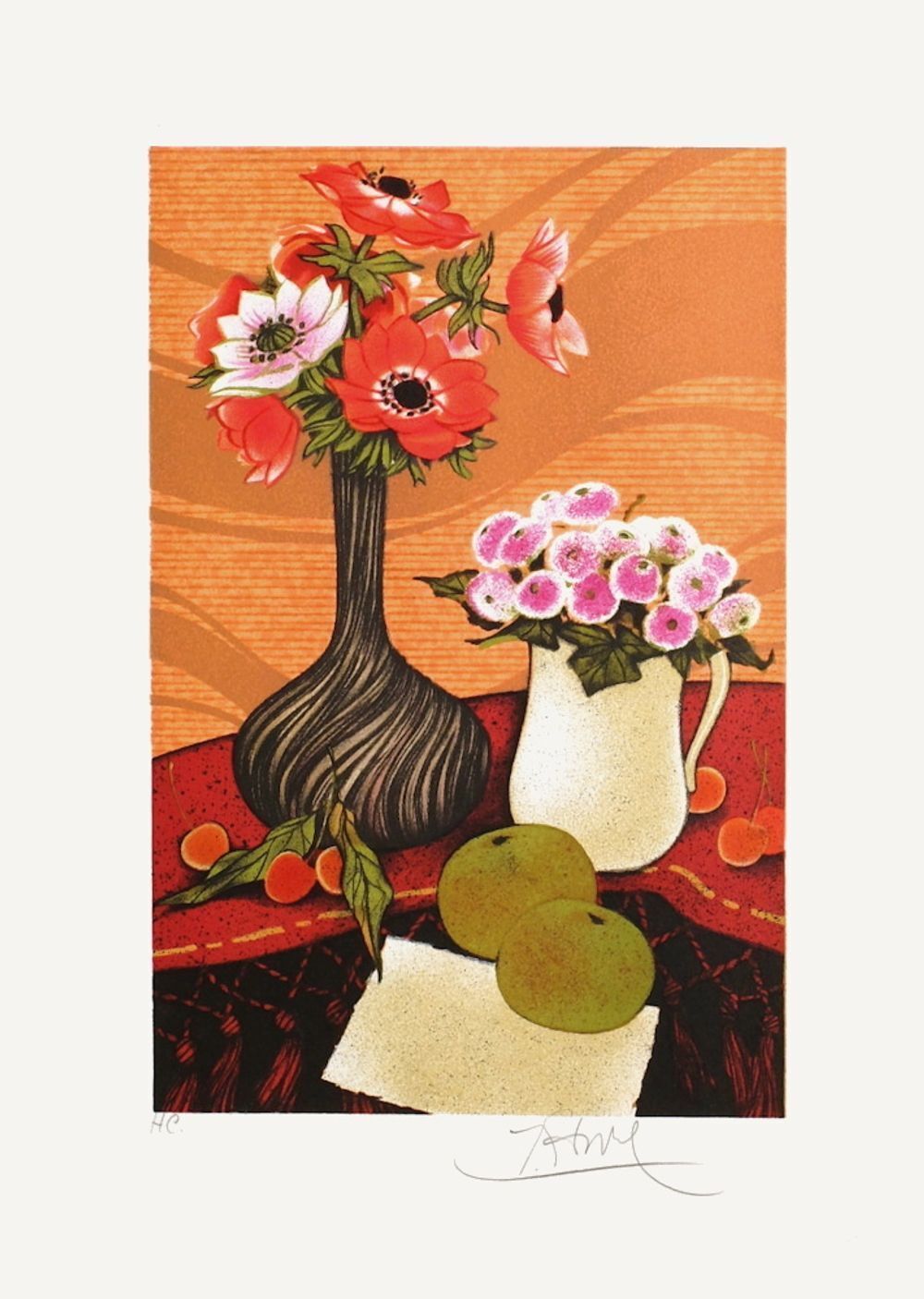 Lithographie signée Yves Ganne, Bouquet d'anémones, 1980