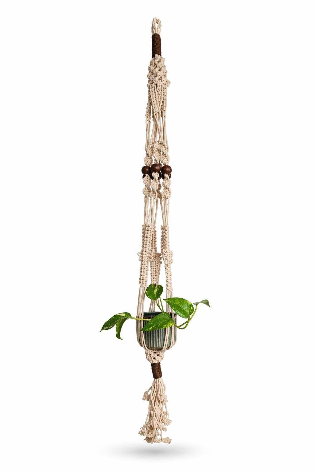 Vintage Macrame Plant Hanger: 180cm Boho Rope Holder With Wooden Beads, Mid Century Style