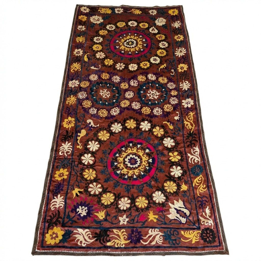 Grande suzani brune, broderie de Boukhara, 135 x 280 cm