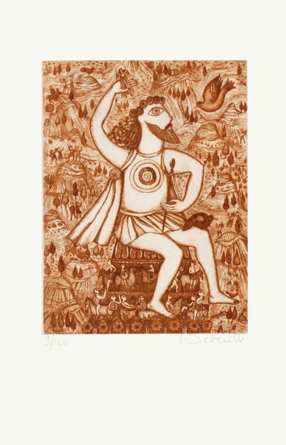 Françoise Deberdt Signed Etching Les 7 Merveilles Du Monde   Statue De Zeus Par Phidias 1975