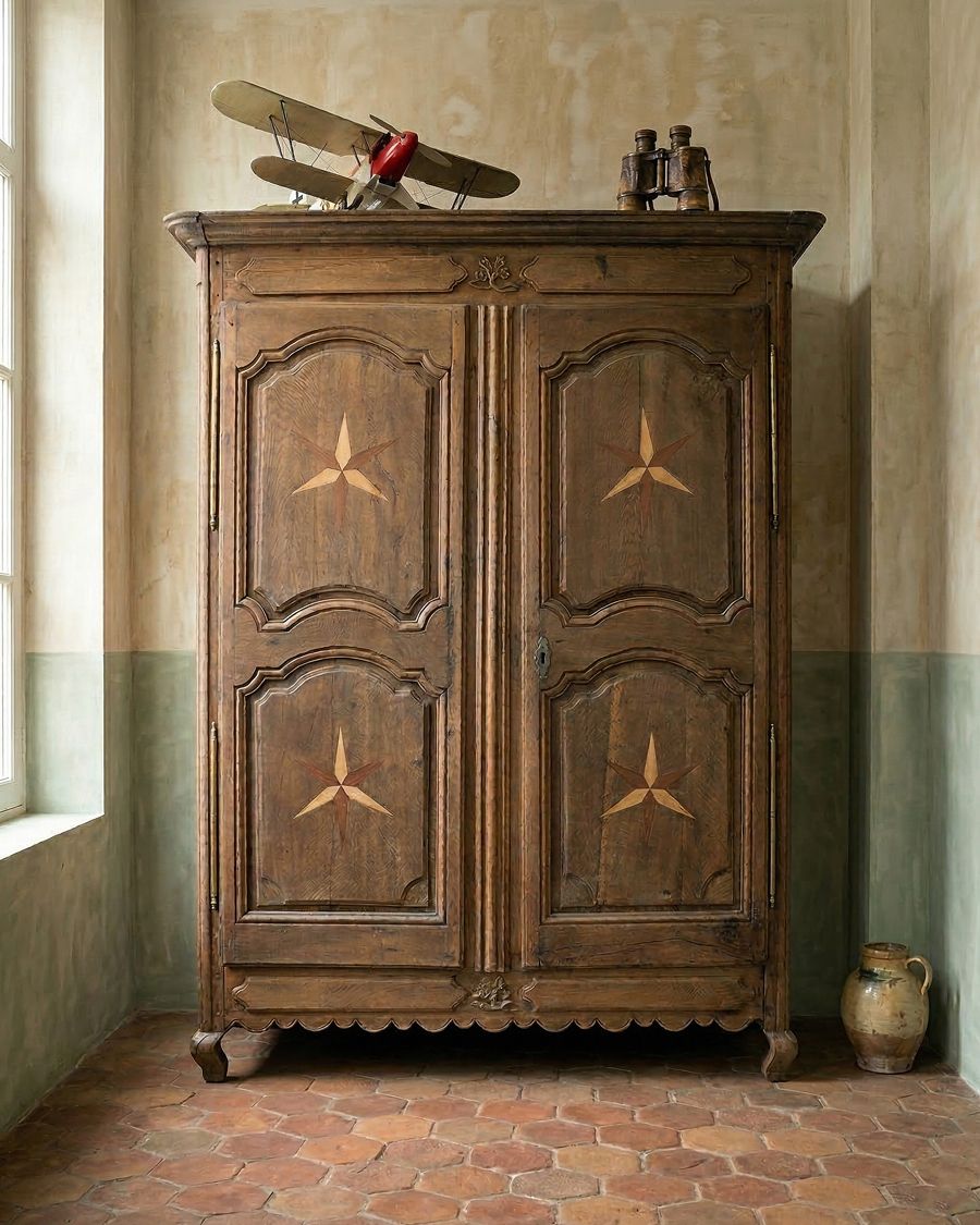 Antique French Louis XV Style Armoire With Star Shaped Inlays photo furniture