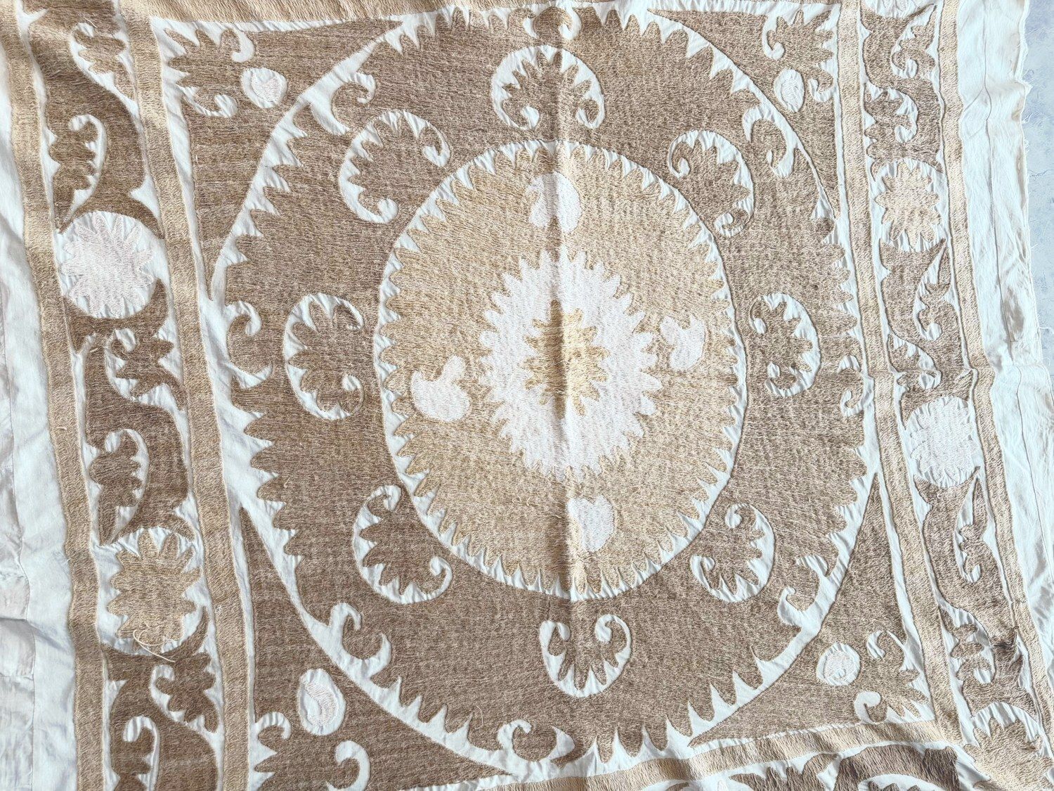 Suzani Wall Decor — Neutral Tan Uzbek Tablecloth 150 X 154 Cm photo furniture