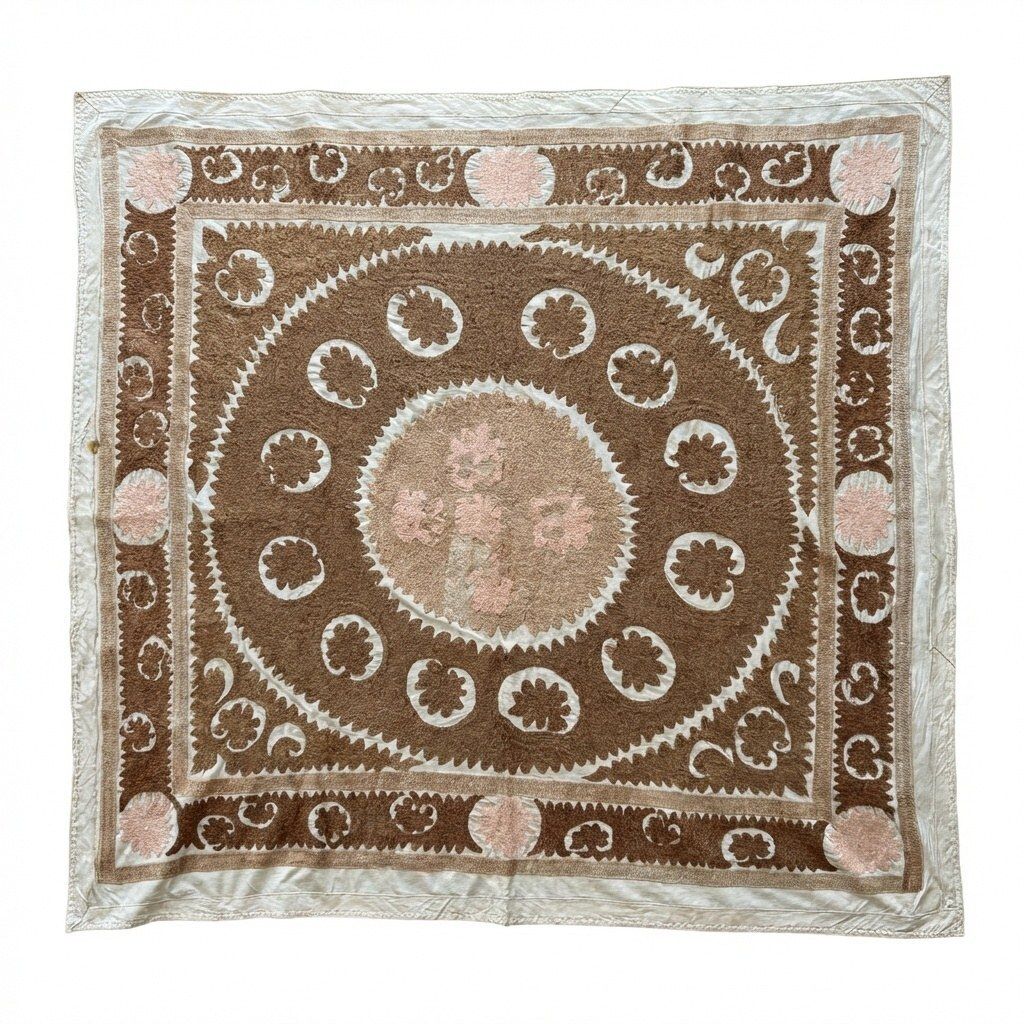 Suzani Wall Tapestry   Neutral Tan Uzbek Tablecloth 153 X 154 Cm