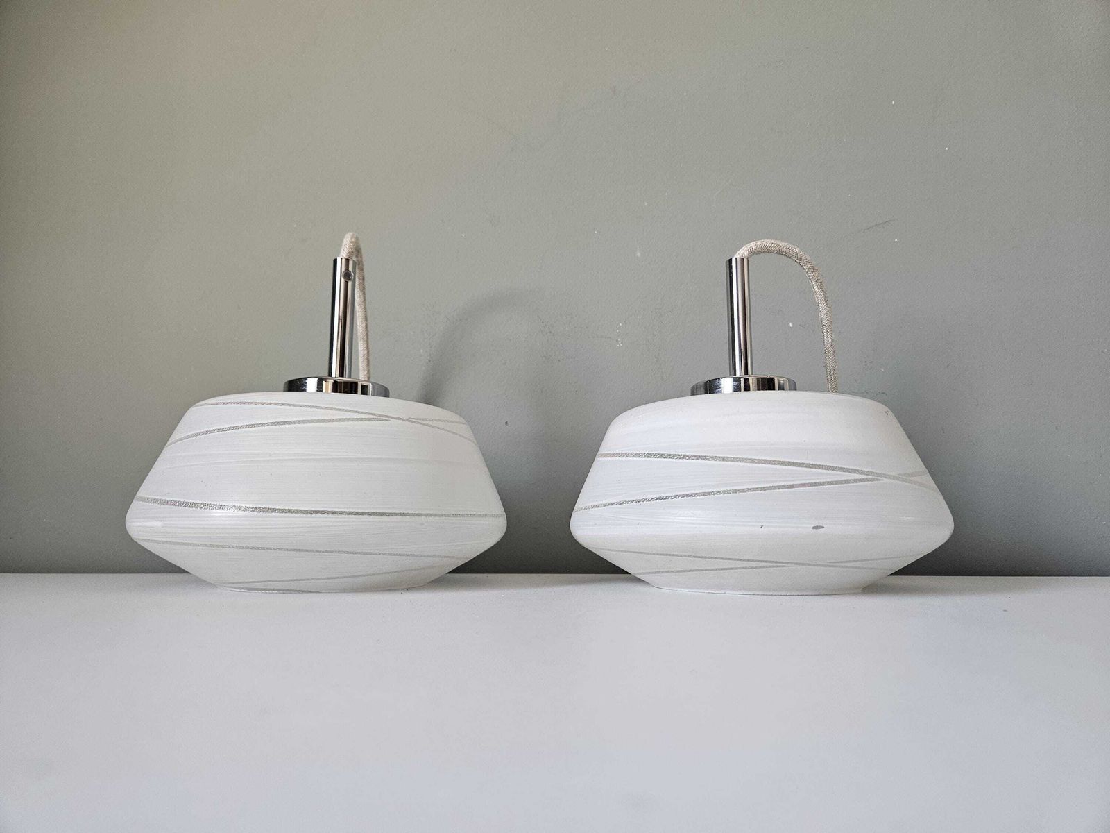Pair Of Vintage Pendant Light | Mid Century Frosted Glass Hanging Lamps | Kitchen Island Lights photo furniture