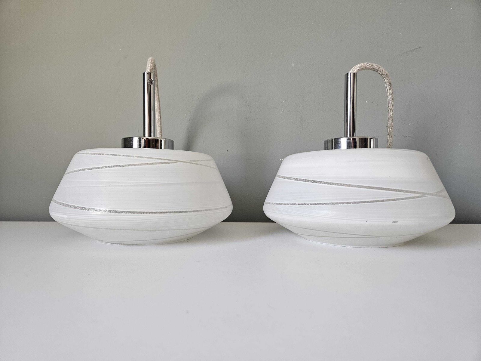 Pair Of Vintage Pendant Light | Mid Century Frosted Glass Hanging Lamps | Kitchen Island Lights photo for sale