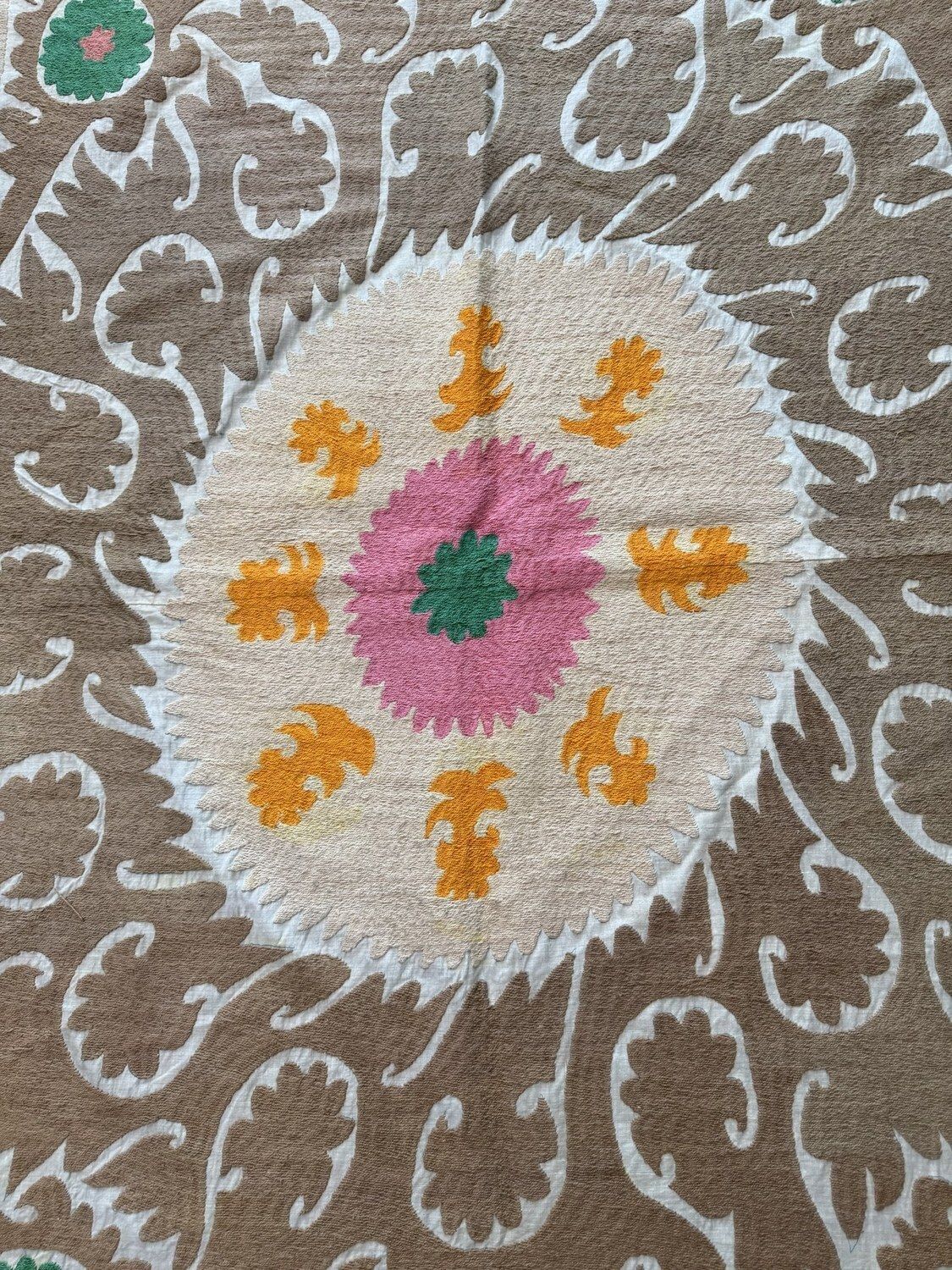 Handcrafted Bukhara Suzani Wall Hanging   Ivory Green Yellow Ethnic Embroidered Cotton Tapestry 116 X 160 Cm photo furniture