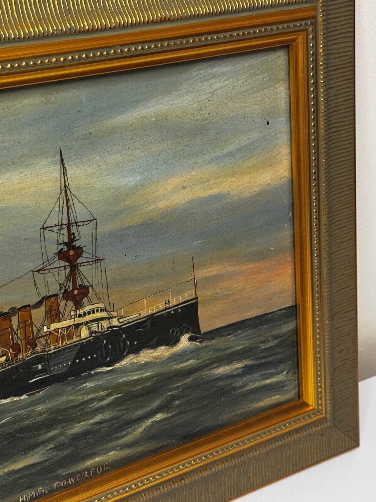 Marine Oil Painting Hms Powerful Royal Navy Cruiser Ship Follower Charles Dixon photo for sale