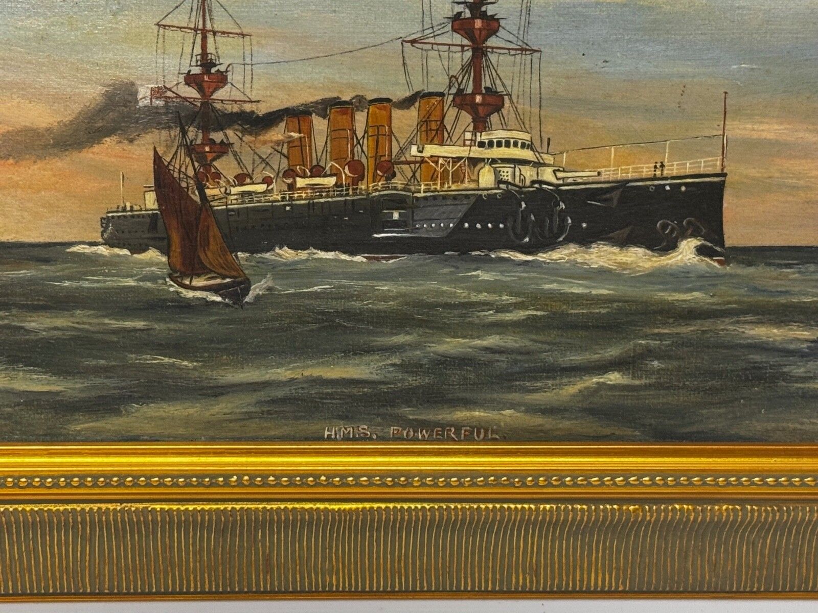 Maritiem schilderij in olieverf, HMS Powerful Royal Navy Cruiser Ship, volger van Charles Dixon photo 4500.0