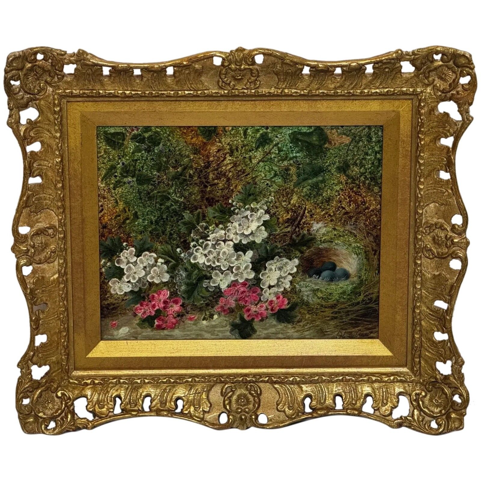 Oliver Clare Victoriaans olieverfchilderij bloesem vogelnest & blauwe eieren ca.1880-1890
