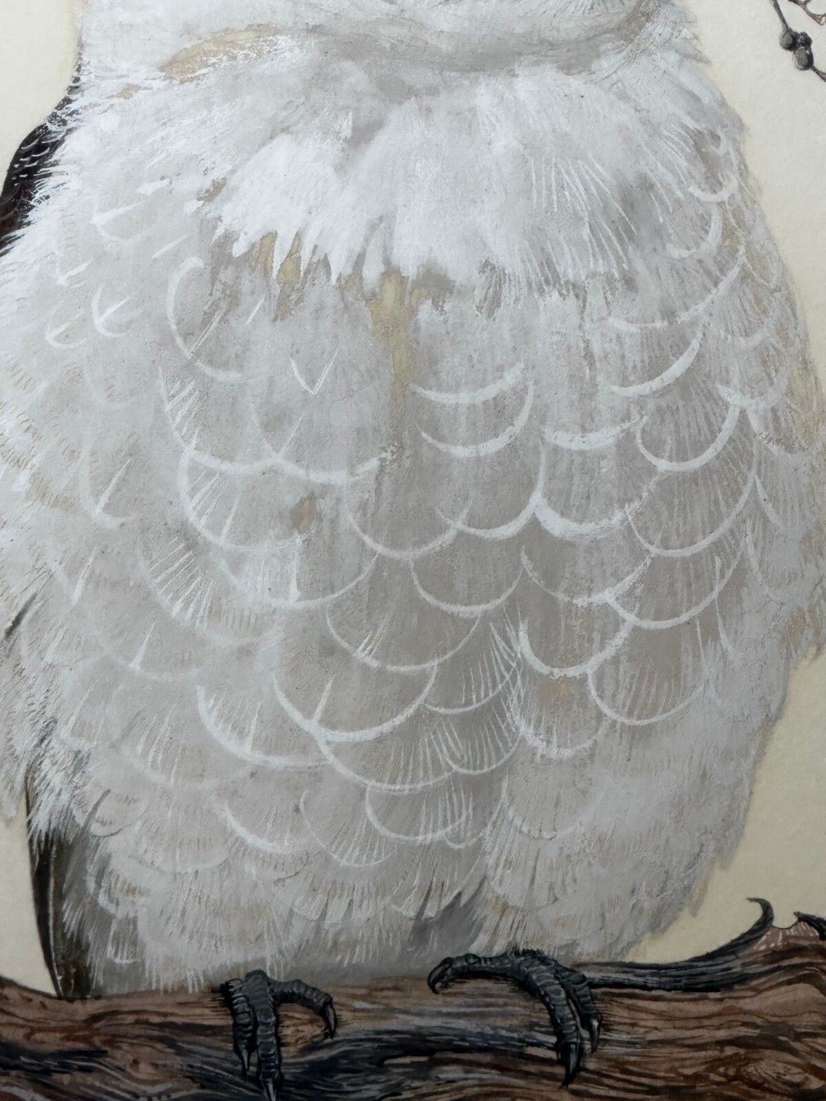 photo vinterior Groot mid-century Australisch schilderij, groep vogels, 3 kookaburras in de bush, gesigneerd Robin Hill