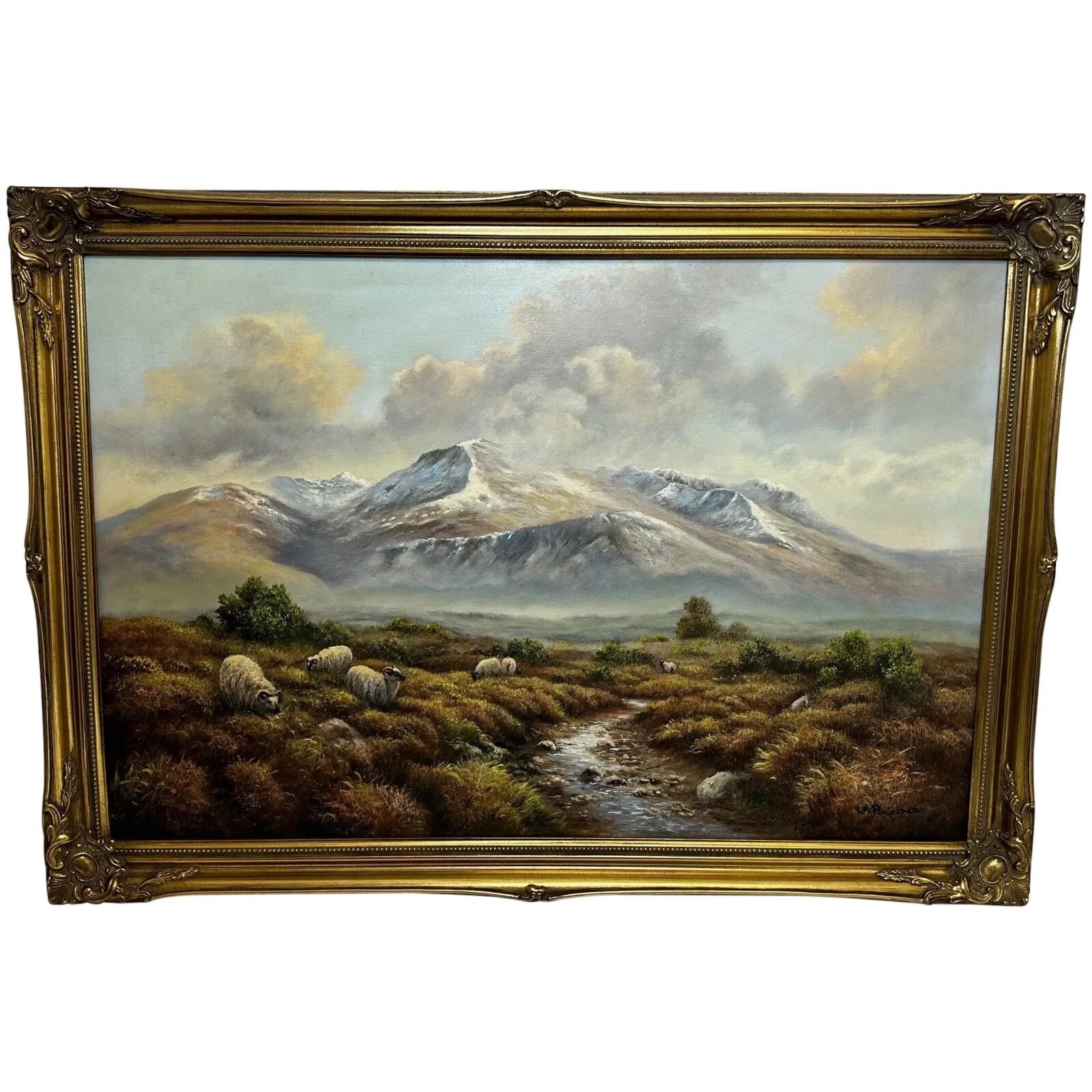 Vintage olieverfschilderij Schotse Hooglanden schapen in het Ben Nevis-gebergte door Wendy Reeves