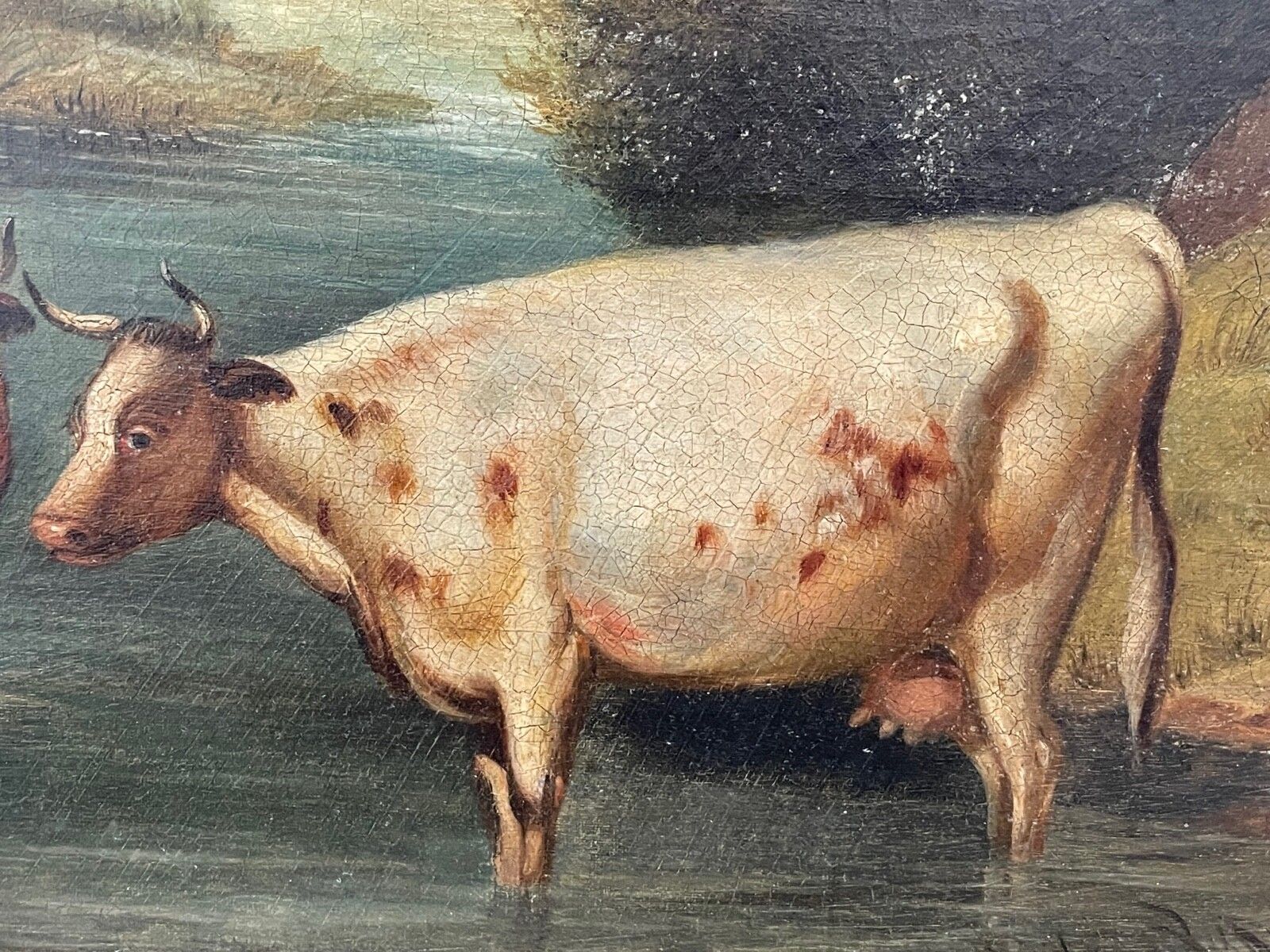 Groot antiek pastoraal olieschilderij, vee bij een drinkplaats, naar Paulus Potter photo 8000.0