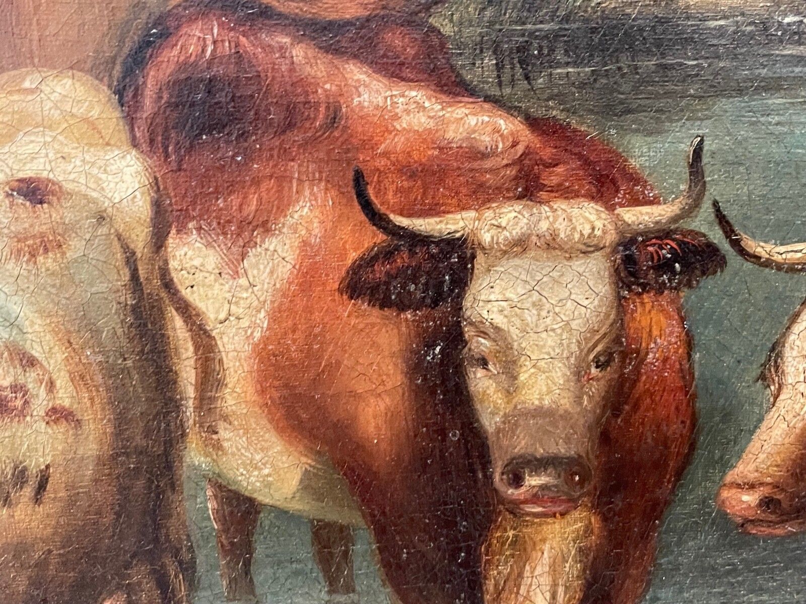 Groot antiek pastoraal olieschilderij, vee bij een drinkplaats, naar Paulus Potter photo vinterior