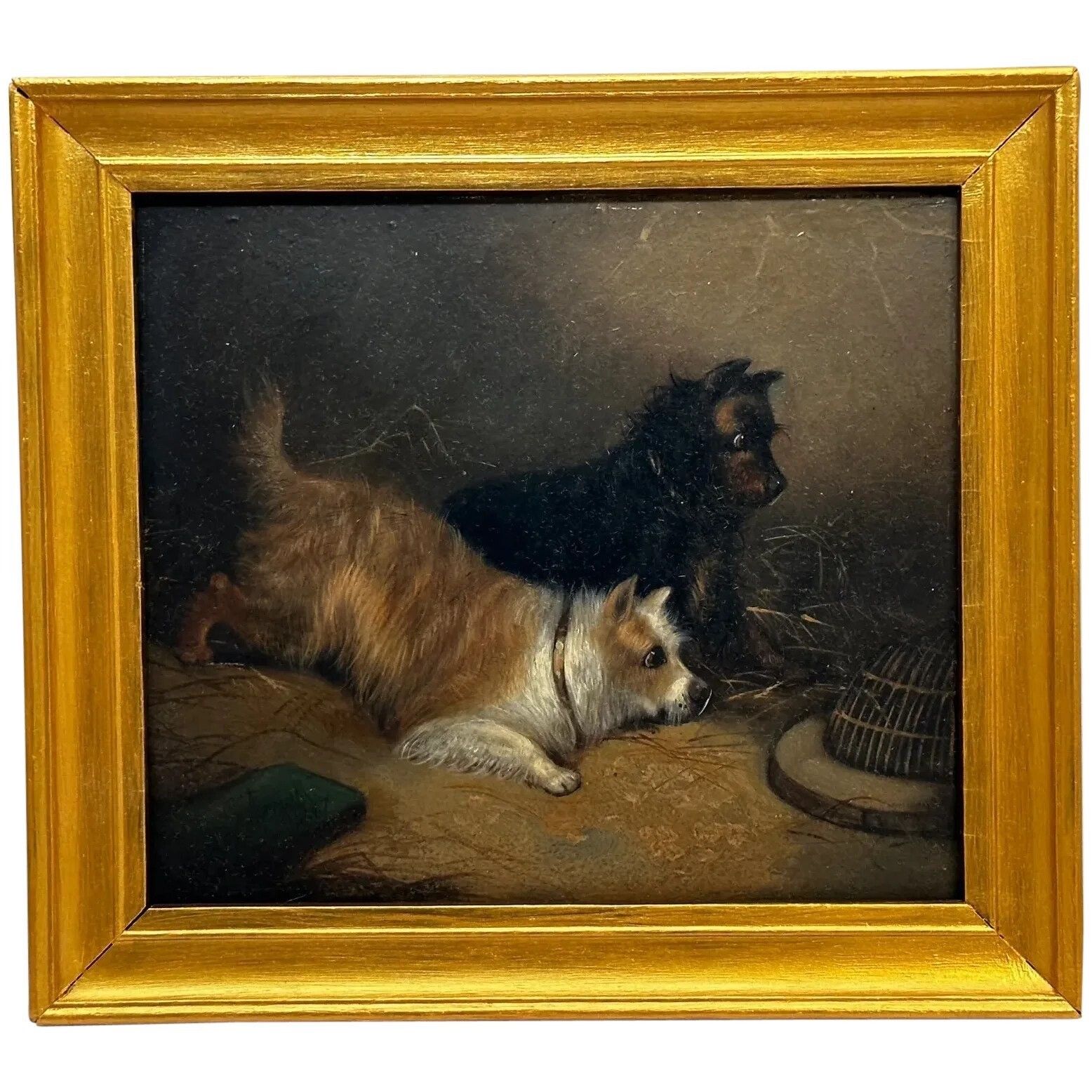 19e-eeuws olieverfchilderij jacht 2 terrierHonden op het spoor rattenJacht gesigneerd George Armfield gedateerd 1867