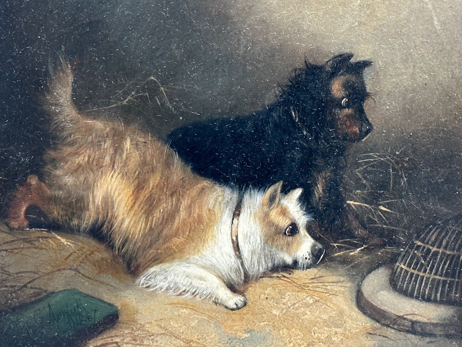 19th Century Oil Painting Hunting 2 Terrier Dogs On The Scent Ratting Signed George Armfield Dated 1867 photo furniture