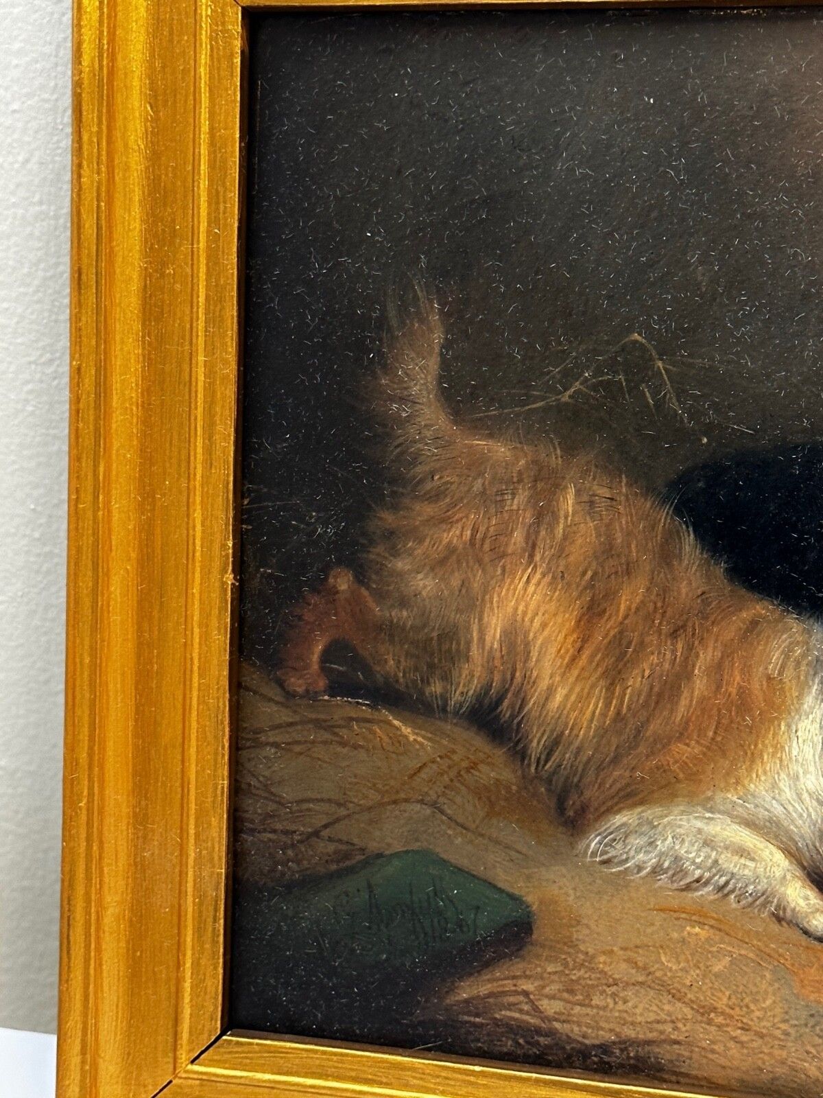19th Century Oil Painting Hunting 2 Terrier Dogs On The Scent Ratting Signed George Armfield Dated 1867 photo vinterior