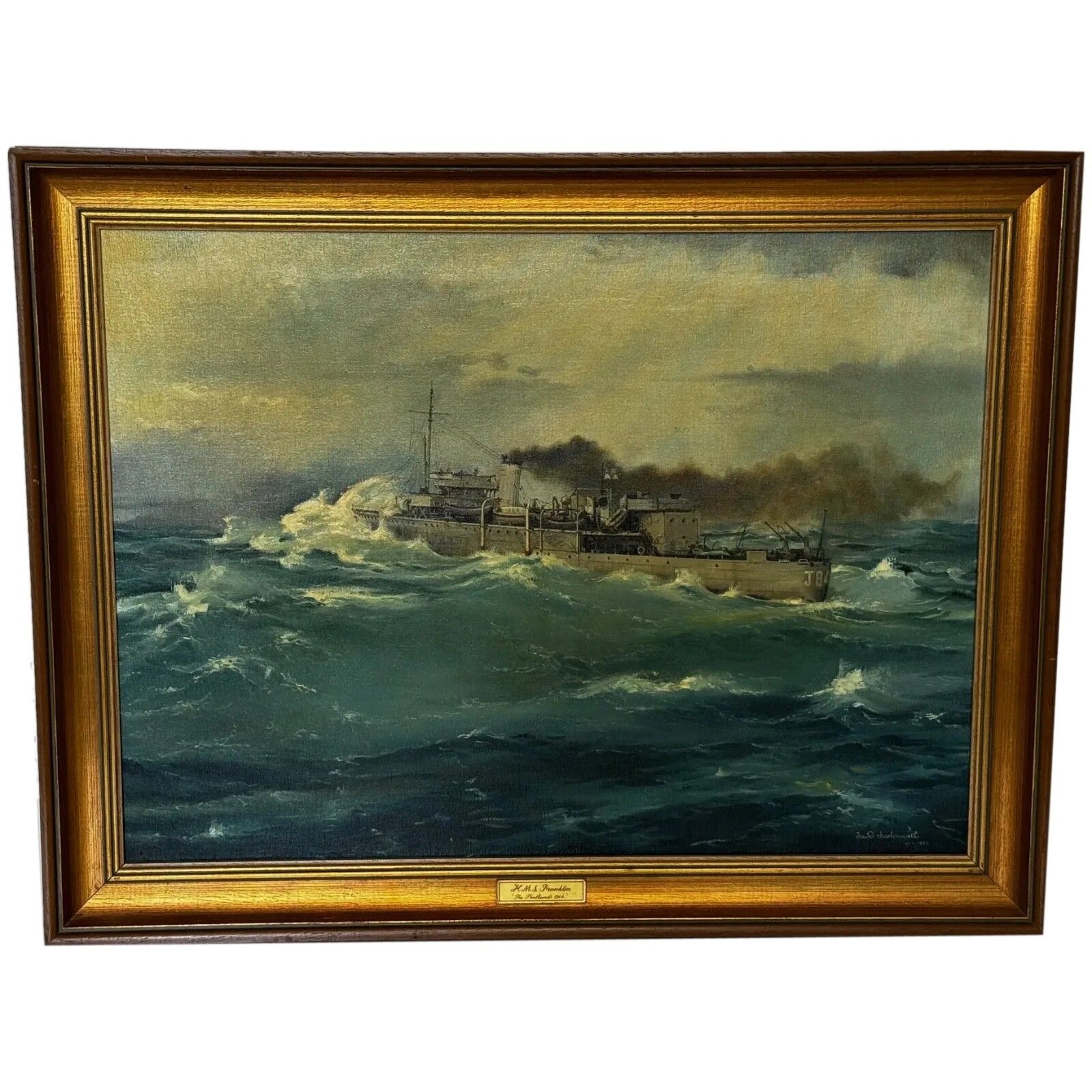 Vintage Oil Painting Hms Franklin Ship The Pentlands 1944 Ww2 Convoy Duty North Sea Signed David Charlesworth