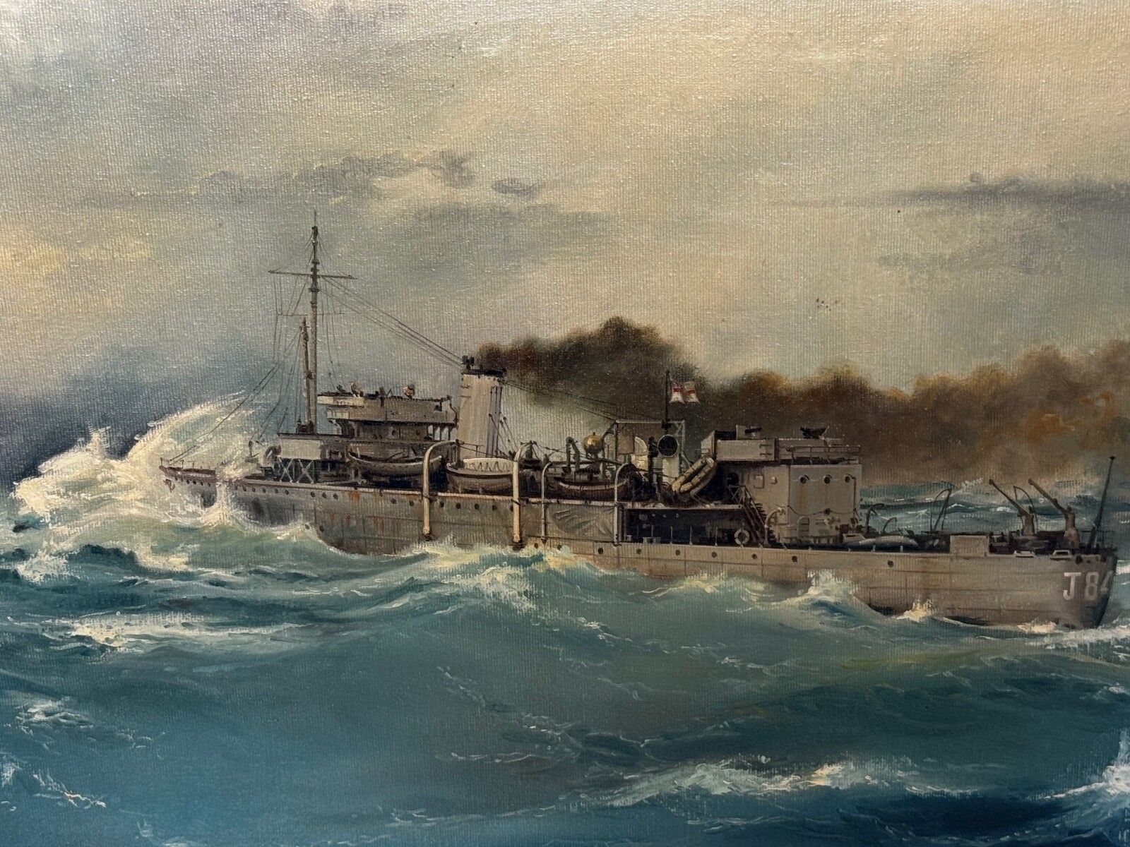 Vintage olieverfschilderij HMS Franklin Ship The Pentlands 1944 WW2 Convoy Duty North Sea, gesigneerd David Charlesworth photo furniture