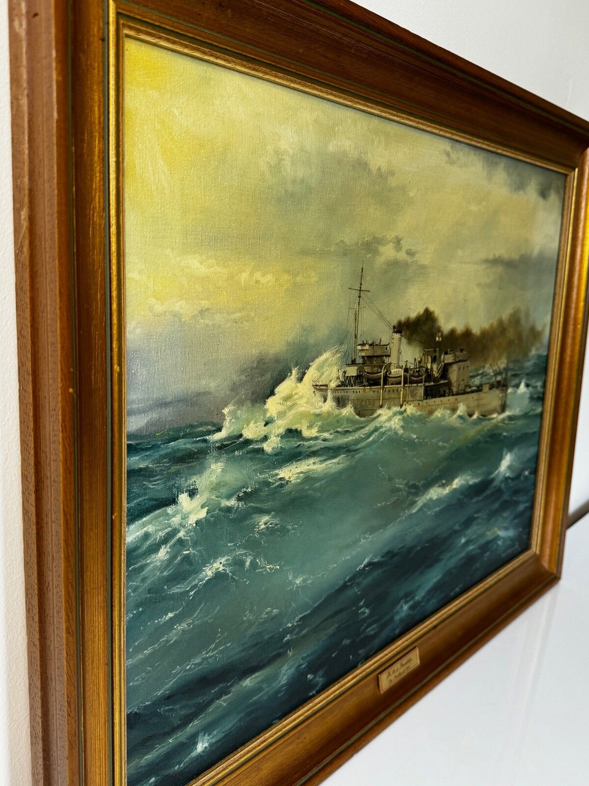 Vintage Oil Painting Hms Franklin Ship The Pentlands 1944 Ww2 Convoy Duty North Sea Signed David Charlesworth photo 3100.0