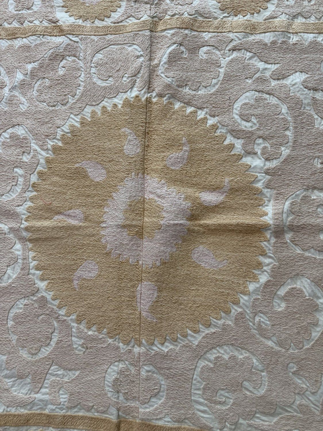 Handcrafted Bukhara Suzani Wall Hanging   Cream Ivory Neutral Ethnic Embroidered Cotton Tapestry 123 X 135 Cm photo furniture