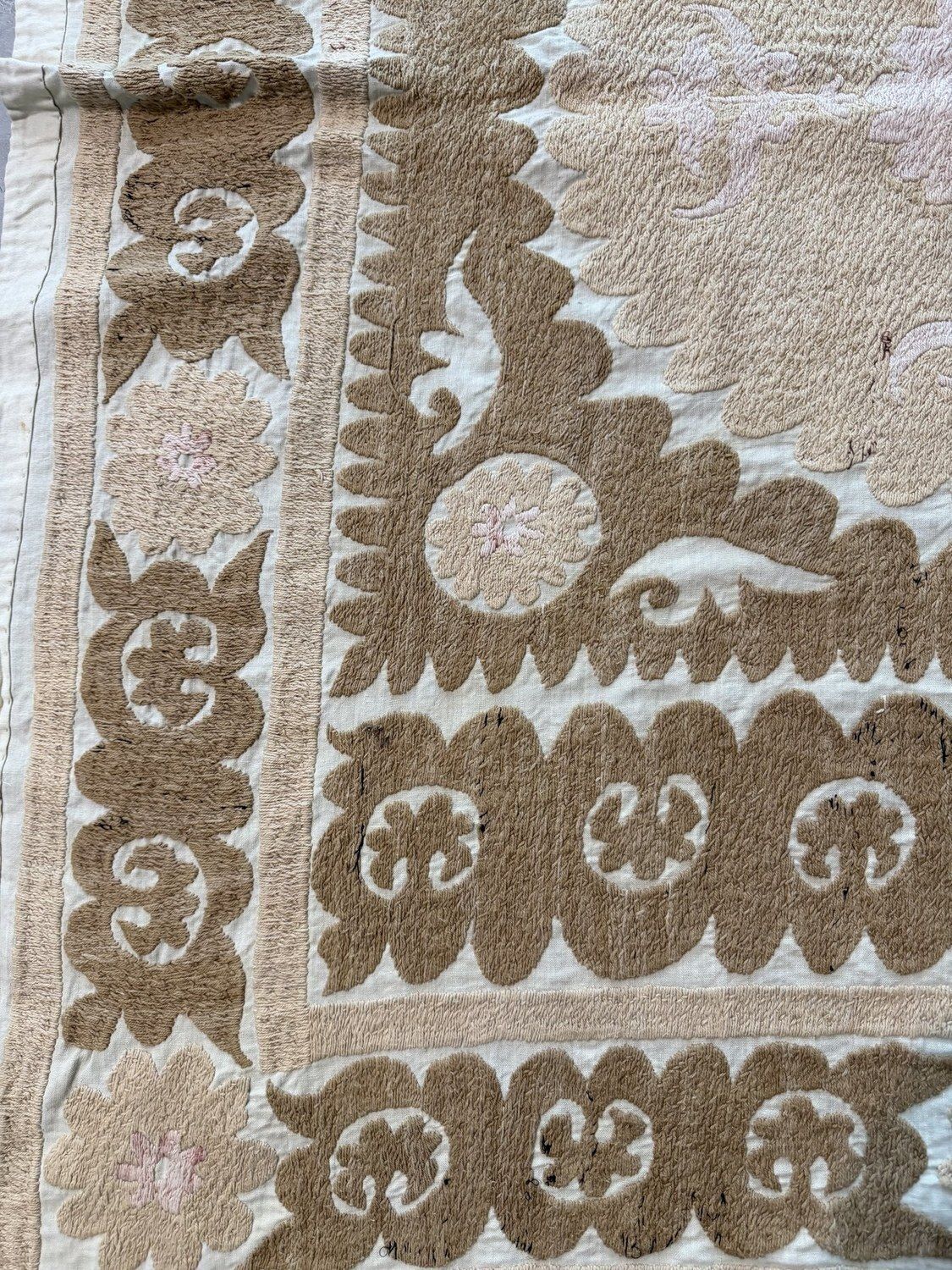 Handcrafted Bukhara Suzani Wall Hanging   Camel Tan Ivory Ethnic Embroidered Cotton Tapestry 127 X 158 Cm photo for sale