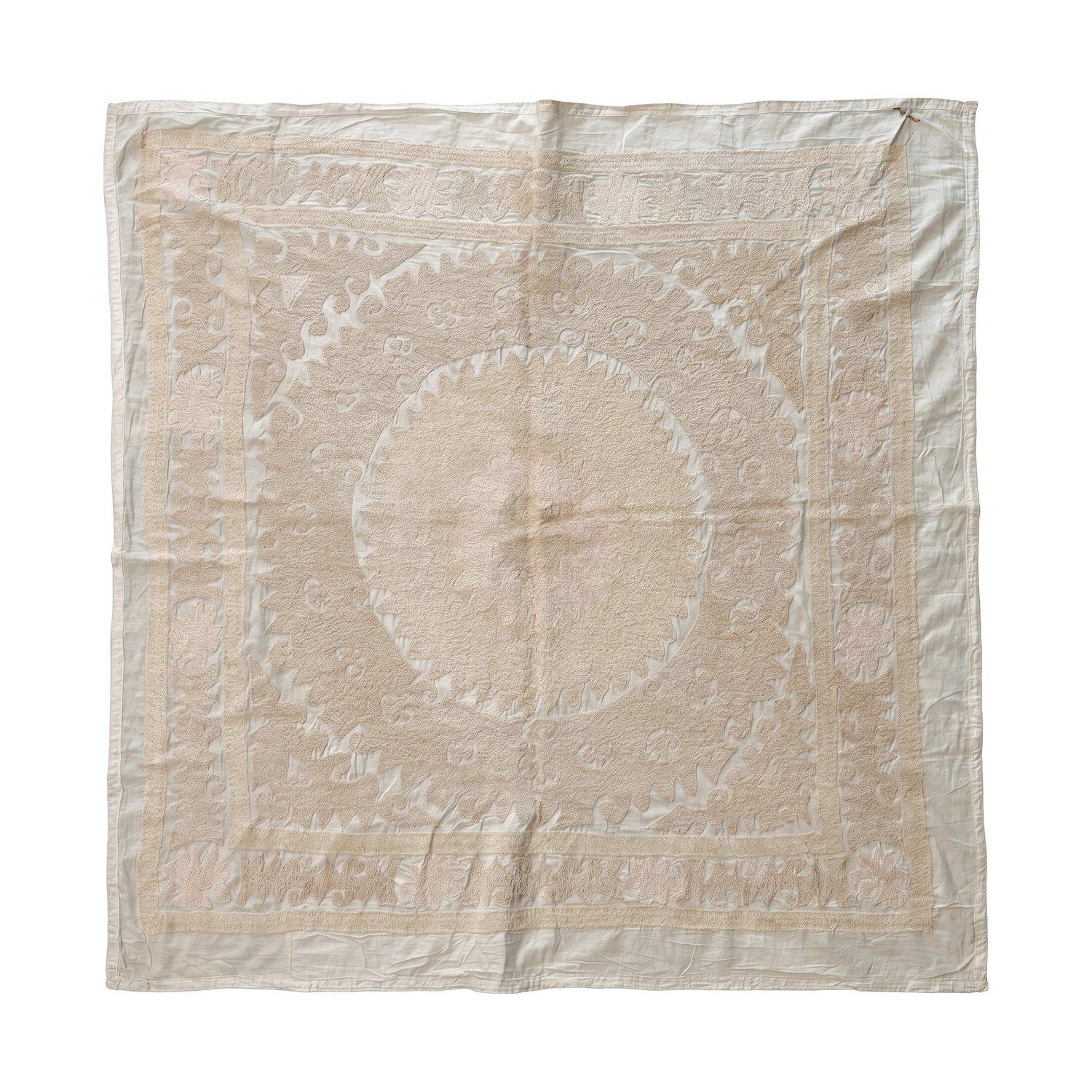 Met de hand geborduurd wit-beige Samarkand Suzani tapijt 130 x 130 cm