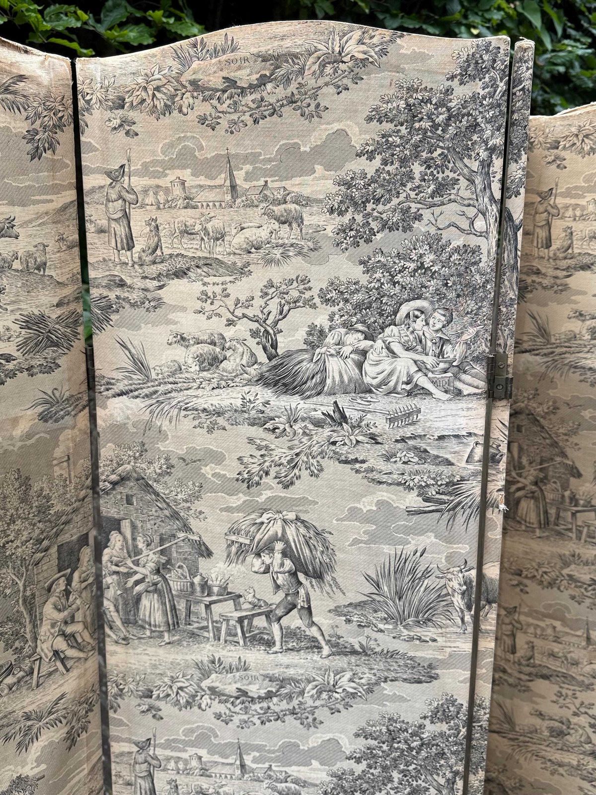 245.0 Vintage French Country Toile Folding Screen Room Divider Decorative Panel   Upcycling Project photo