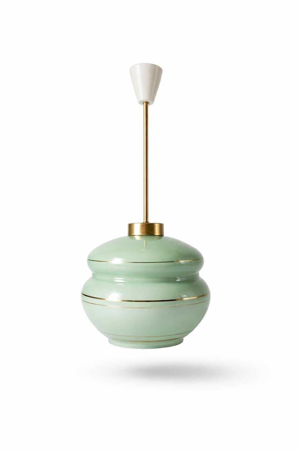 Vintage mintgroene glazen hanglamp – Mid-Century Modern messing plafondlamp